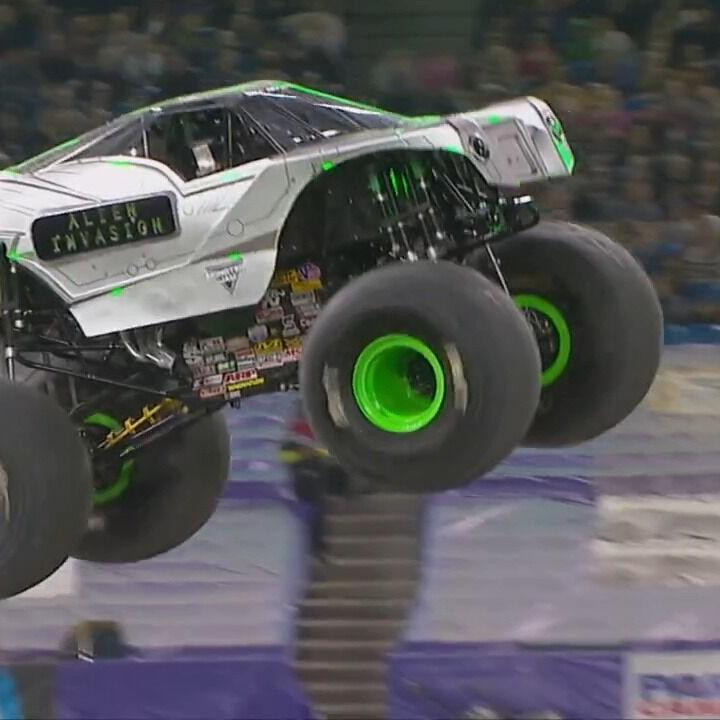 Monster truck flying through air doing Monster Jam - 3.24.23